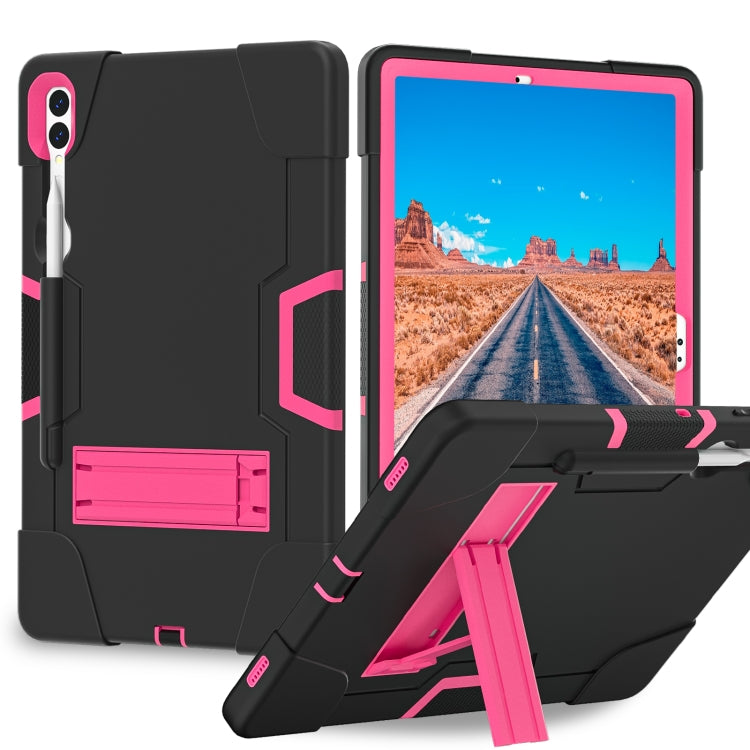 For Samsung Galaxy Tab S9+ Contrast Color Silicone PC Tablet Case with Holder(Black + Rose Red) - Galaxy Tab S9+ Cases by buy2fix | Online Shopping UK | buy2fix