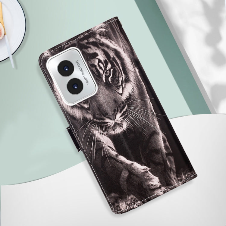 For Motorola Moto G Play 4G 2024 Colored Drawing Pattern Plain Weave Leather Phone Case(Black And White Tiger) - Motorola Cases by buy2fix | Online Shopping UK | buy2fix