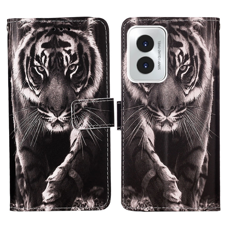 For Motorola Moto G Play 4G 2024 Colored Drawing Pattern Plain Weave Leather Phone Case(Black And White Tiger) - Motorola Cases by buy2fix | Online Shopping UK | buy2fix