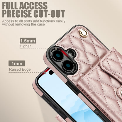 For iPhone 16 Crossbody Rhombic Horizontal Wallet Leather Phone Case(Rose Gold) - iPhone 16 Cases by buy2fix | Online Shopping UK | buy2fix