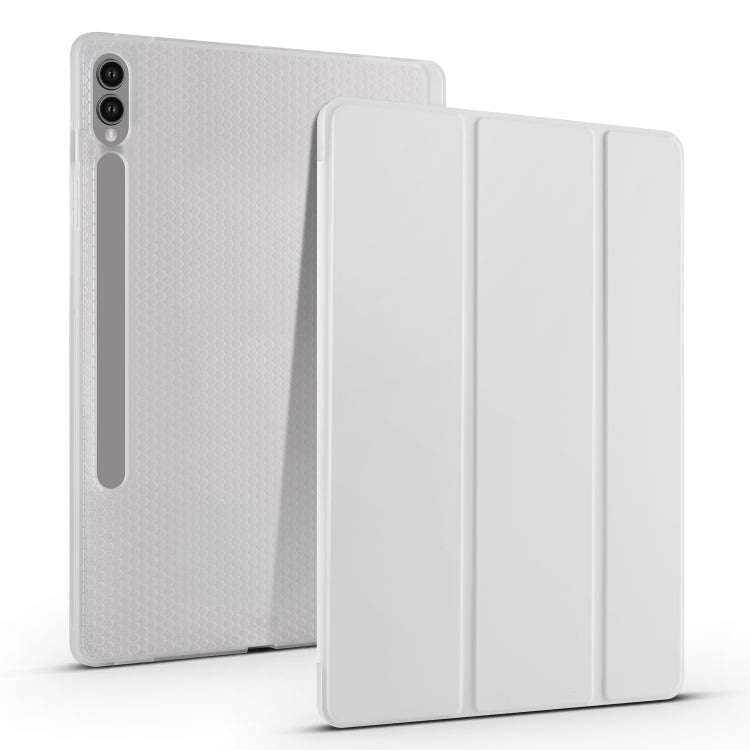 For Samsung Galaxy Tab S9+ 3-folding Transparent TPU Smart Leather Tablet Case with Pen Slot(Grey) - Galaxy Tab S9+ Cases by buy2fix | Online Shopping UK | buy2fix