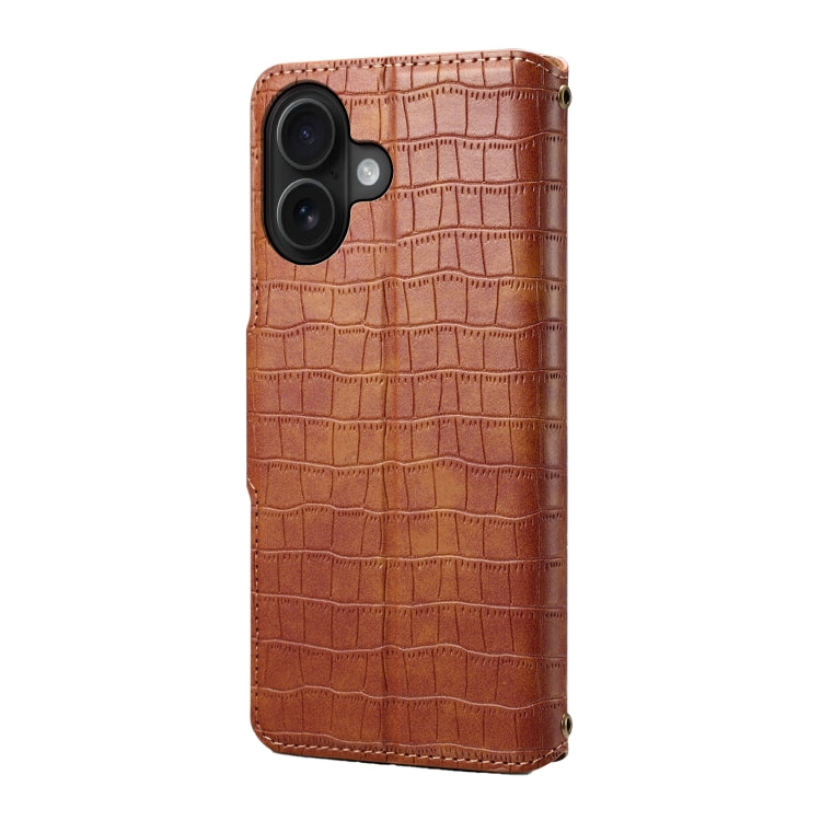 For iPhone 16 Denior Crocodile Texture Oil Edge Leather Phone Case(Brown) - iPhone 16 Cases by Denior | Online Shopping UK | buy2fix