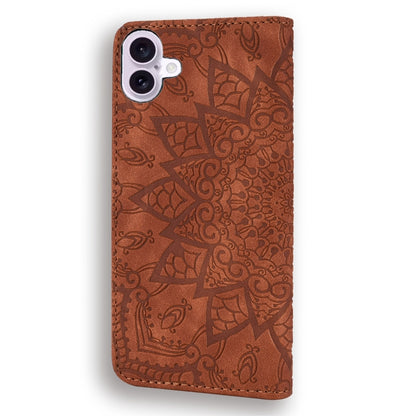 For iPhone 16 Plus Mandala Embossed Dual-Fold Calf Leather Phone Case(Brown) - iPhone 16 Plus Cases by buy2fix | Online Shopping UK | buy2fix