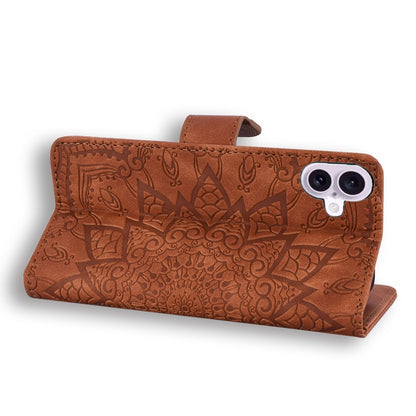 For iPhone 16 Plus Mandala Embossed Dual-Fold Calf Leather Phone Case(Brown) - iPhone 16 Plus Cases by buy2fix | Online Shopping UK | buy2fix