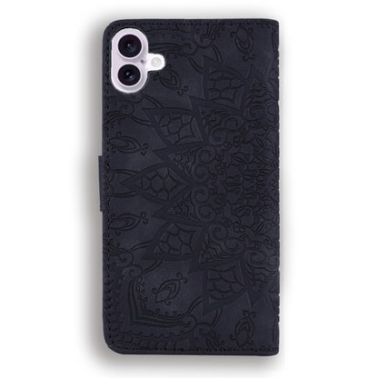 For iPhone 16 Plus Mandala Embossed Dual-Fold Calf Leather Phone Case(Black) - iPhone 16 Plus Cases by buy2fix | Online Shopping UK | buy2fix