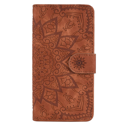 For iPhone 16 Mandala Embossed Dual-Fold Calf Leather Phone Case(Brown) - iPhone 16 Cases by buy2fix | Online Shopping UK | buy2fix