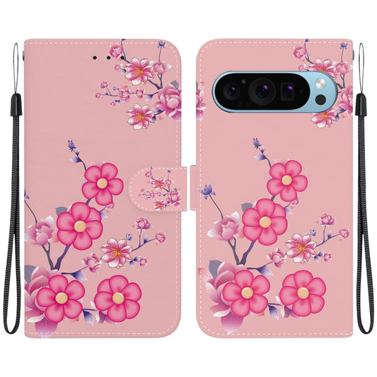 For Google Pixel 9 Crystal Texture Colored Drawing Leather Phone Case(Cherry Blossoms) - Google Cases by buy2fix | Online Shopping UK | buy2fix