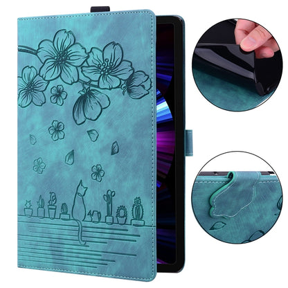 For Samsung Galaxy Tab S9+ /S8+ /S7+ Cartoon Sakura Cat Embossed Smart Leather Tablet Case(Green) - Galaxy Tab S9+ Cases by buy2fix | Online Shopping UK | buy2fix