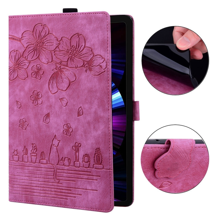 For Samsung Galaxy Tab S9 FE+ Cartoon Sakura Cat Embossed Leather Tablet Case(Rose Red) - Galaxy Tab S9 FE+ by buy2fix | Online Shopping UK | buy2fix