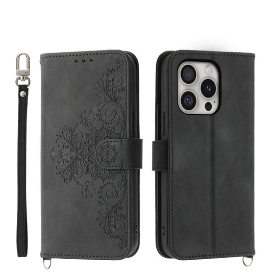 For iPhone 16 Pro Skin-feel Flowers Embossed Wallet Leather Phone Case(Black) - iPhone 16 Pro Cases by buy2fix | Online Shopping UK | buy2fix