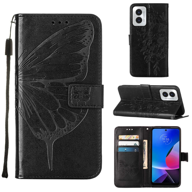 For Motorola Moto G Play 4G 2024 Embossed Butterfly Leather Phone Case(Black) - Motorola Cases by buy2fix | Online Shopping UK | buy2fix