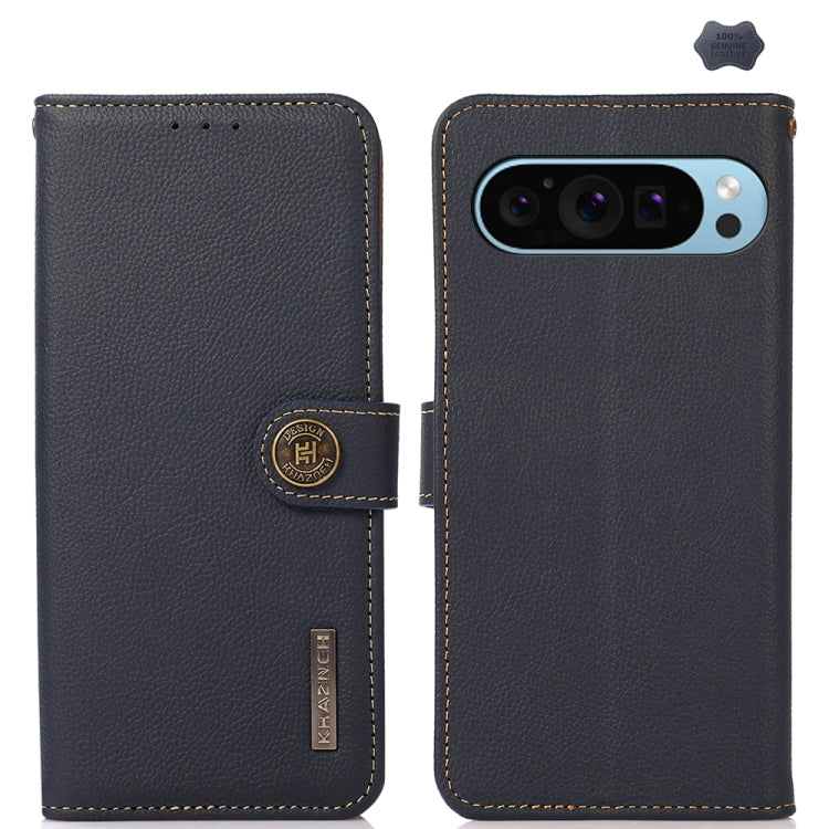 For Google Pixel 9 KHAZNEH Custer Genuine Leather RFID Phone Case(Blue) - Google Cases by buy2fix | Online Shopping UK | buy2fix