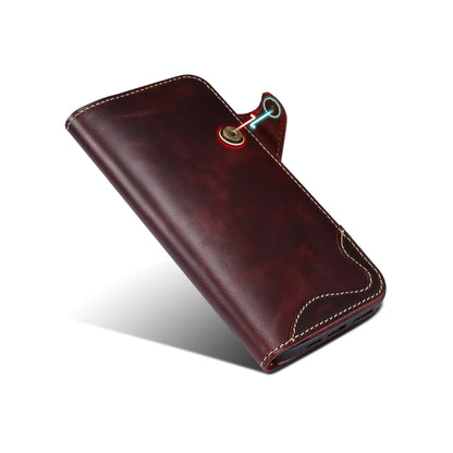 For iPhone 15 Pro Max Denior Oil Wax Cowhide Magnetic Button Genuine Leather Case(Dark Red) - iPhone 15 Pro Max Cases by Denior | Online Shopping UK | buy2fix