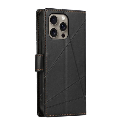 For iPhone 16 Pro Max PU Genuine Leather Texture Embossed Line Phone Case(Black) - iPhone 16 Pro Max Cases by buy2fix | Online Shopping UK | buy2fix