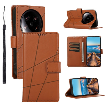 For Xiaomi 14 Ultra PU Genuine Leather Texture Embossed Line Phone Case(Brown) - 14 Ultra Cases by buy2fix | Online Shopping UK | buy2fix