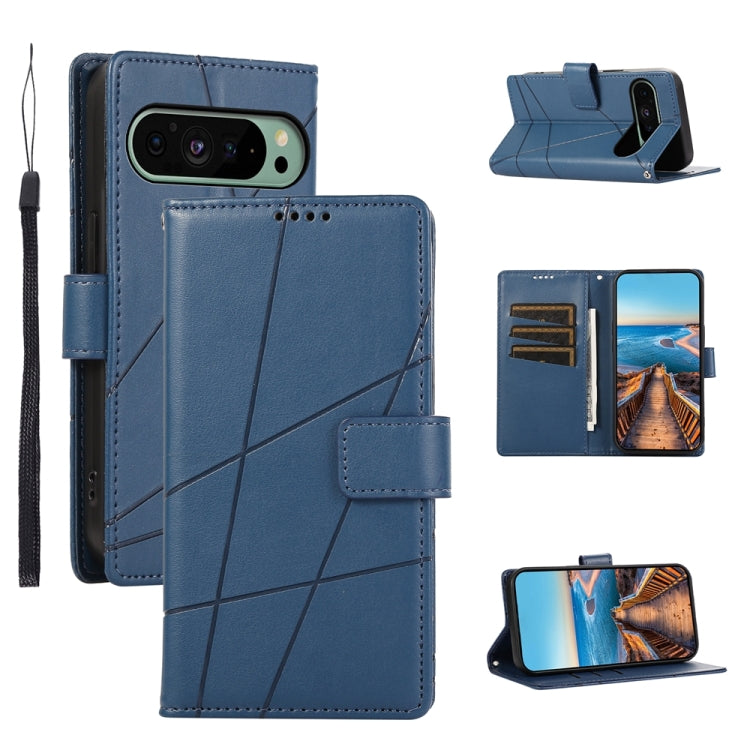 For Google Pixel 9 PU Genuine Leather Texture Embossed Line Phone Case(Blue) - Google Cases by buy2fix | Online Shopping UK | buy2fix