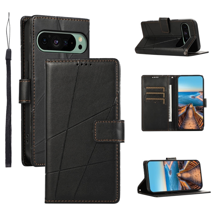 For Google Pixel 9 PU Genuine Leather Texture Embossed Line Phone Case(Black) - Google Cases by buy2fix | Online Shopping UK | buy2fix