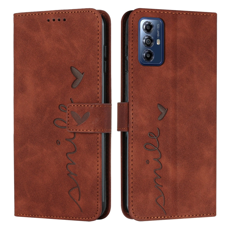 For Motorola Moto G Play 2024 Skin Feel Heart Embossed Leather Phone Case with Long Lanyard(Brown) - Motorola Cases by buy2fix | Online Shopping UK | buy2fix