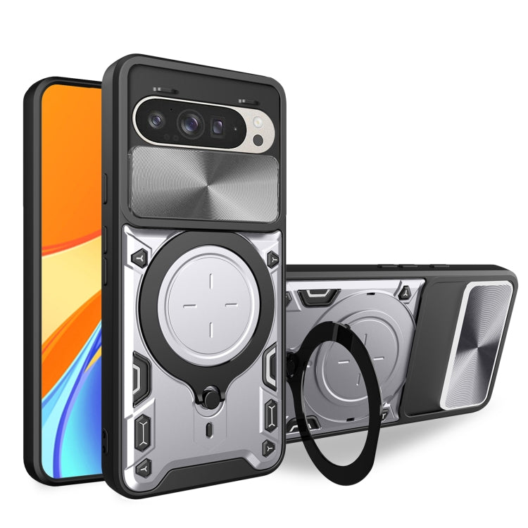 For Google Pixel 9 / 9 Pro CD Texture Sliding Camshield Magnetic Holder Phone Case(Silver) - Google Cases by buy2fix | Online Shopping UK | buy2fix