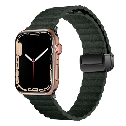 For Apple Watch SE 2023 44mm Water Ripple Magnetic Folding Buckle Watch Band, Style: Bold Version(Dark Green) - Watch Bands by buy2fix | Online Shopping UK | buy2fix