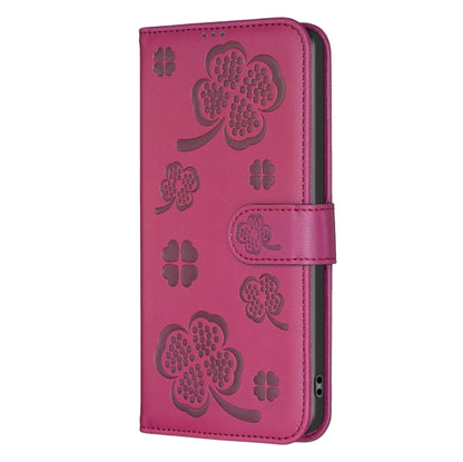 For iPhone 16 Pro Max Four-leaf Embossed Leather Phone Case(Rose Red) - iPhone 16 Pro Max Cases by buy2fix | Online Shopping UK | buy2fix