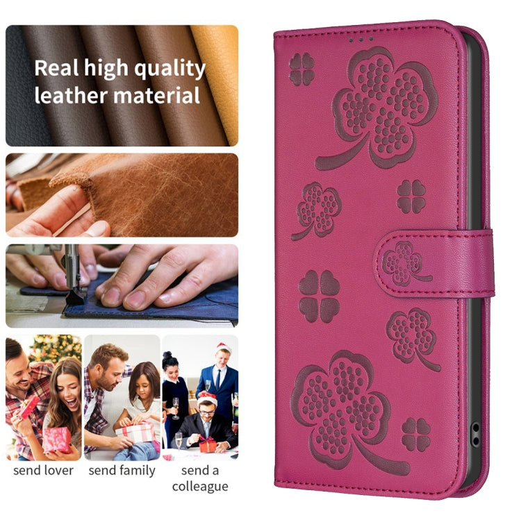 For iPhone 16 Four-leaf Embossed Leather Phone Case(Rose Red) - iPhone 16 Cases by buy2fix | Online Shopping UK | buy2fix