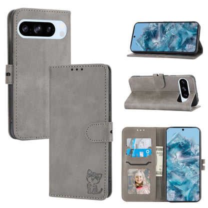 For Google Pixel 9 Pro Embossed Happy Cat Pattern Flip Leather Phone Case(Grey) - Google Cases by buy2fix | Online Shopping UK | buy2fix