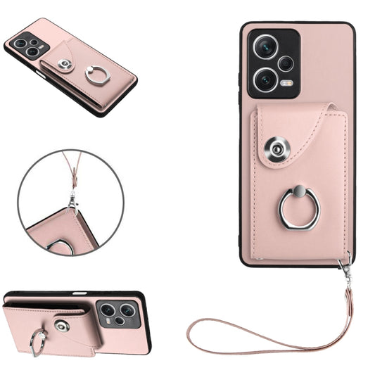 For Xiaomi Redmi Note 12 Pro 5G Global Organ Card Bag Ring Holder PU Phone Case with Lanyard(Pink) - Xiaomi Cases by buy2fix | Online Shopping UK | buy2fix