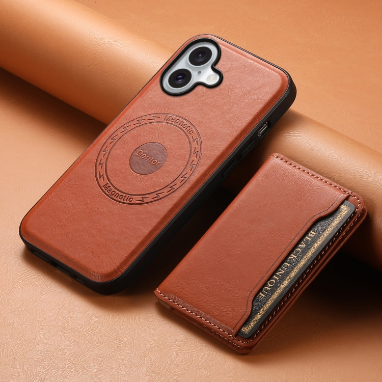For iPhone 16 Plus Denior Cowhide Texture Leather MagSafe Detachable Wallet Phone Case(Brown) - iPhone 16 Plus Cases by Denior | Online Shopping UK | buy2fix