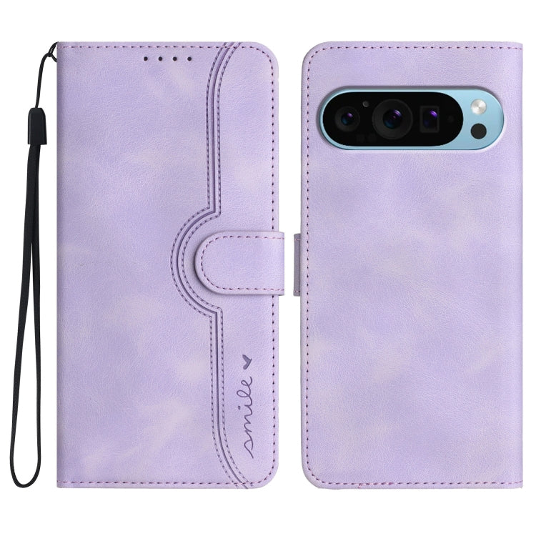 For Google Pixel 9 Heart Pattern Skin Feel Leather Phone Case(Purple) - Google Cases by buy2fix | Online Shopping UK | buy2fix