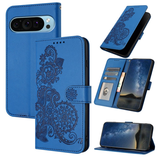 For Google Pixel 9 Datura Flower Embossed Flip Leather Phone Case(Blue) - Google Cases by buy2fix | Online Shopping UK | buy2fix