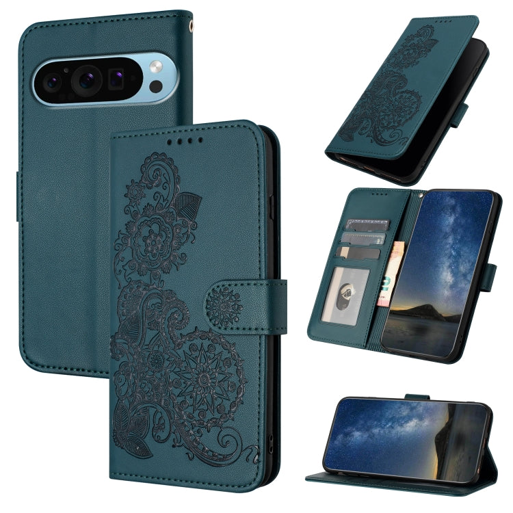 For Google Pixel 9 Datura Flower Embossed Flip Leather Phone Case(Dark Green) - Google Cases by buy2fix | Online Shopping UK | buy2fix