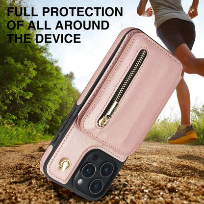 For iPhone 16 Pro YM006 Skin Feel Zipper Card Bag Phone Case with Dual Lanyard(Rose Gold) - iPhone 16 Pro Cases by buy2fix | Online Shopping UK | buy2fix