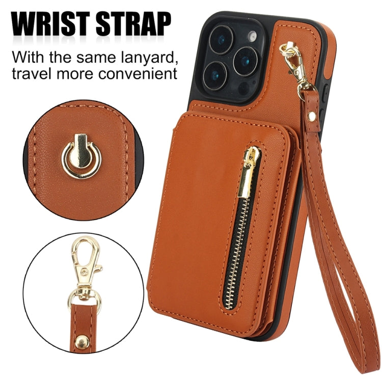 For iPhone 16 Pro YM006 Skin Feel Zipper Card Bag Phone Case with Dual Lanyard(Brown) - iPhone 16 Pro Cases by buy2fix | Online Shopping UK | buy2fix