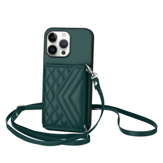 For iPhone 16 Pro Max Rhombic Texture Card Bag RFID Phone Case with Long Lanyard(Green) - iPhone 16 Pro Max Cases by buy2fix | Online Shopping UK | buy2fix