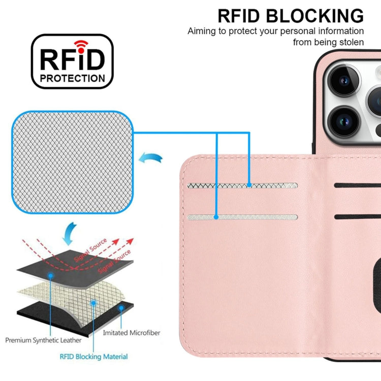 For iPhone 16 Pro Rhombic Texture Card Bag RFID Phone Case with Long Lanyard(Rose Gold) - iPhone 16 Pro Cases by buy2fix | Online Shopping UK | buy2fix