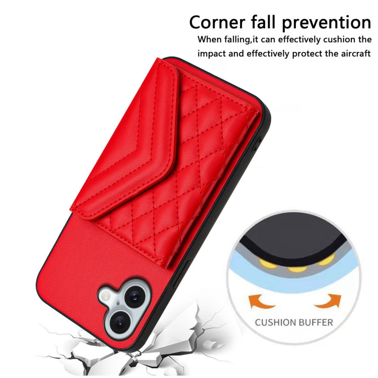 For iPhone 16 Plus Rhombic Texture Card Bag RFID Phone Case with Long Lanyard(Red) - iPhone 16 Plus Cases by buy2fix | Online Shopping UK | buy2fix