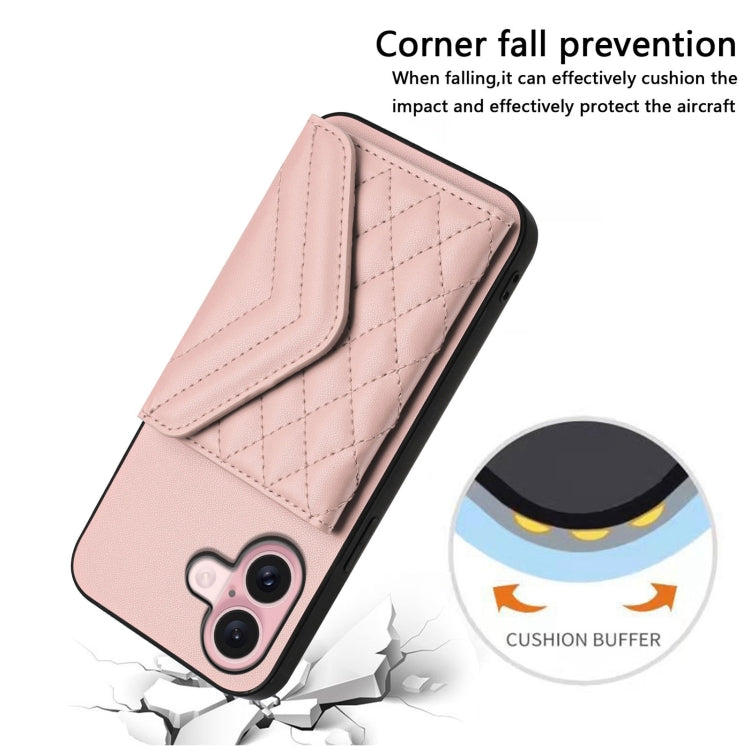 For iPhone 16 Rhombic Texture Card Bag RFID Phone Case with Long Lanyard(Rose Gold) - iPhone 16 Cases by buy2fix | Online Shopping UK | buy2fix