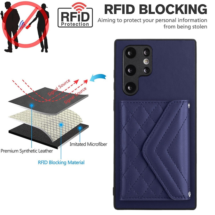For Samsung Galaxy S22 Ultra 5G Rhombic Texture Card Bag RFID Phone Case with Long Lanyard(Dark Purple) - Galaxy S22 Ultra 5G Cases by buy2fix | Online Shopping UK | buy2fix