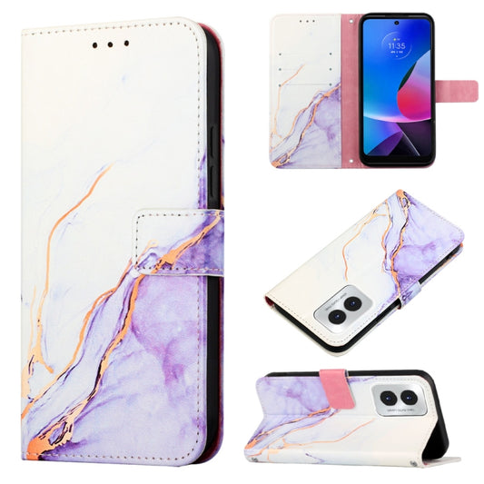 For Motorola Moto G Play 4G 2024 PT003 Marble Pattern Flip Leather Phone Case(White Purple) - Motorola Cases by buy2fix | Online Shopping UK | buy2fix