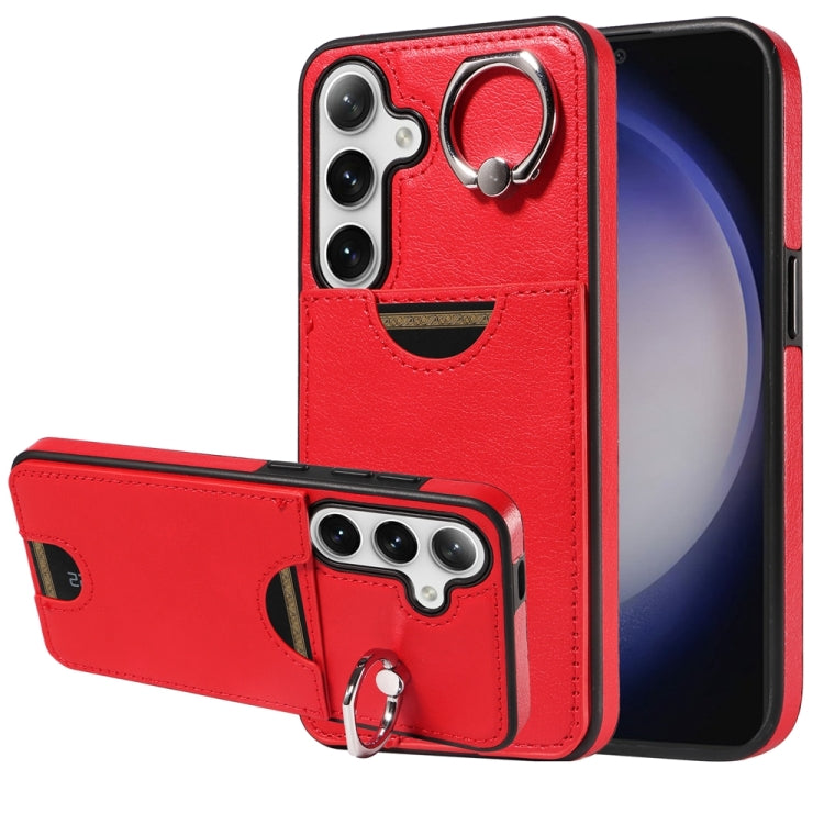 For Samsung Galaxy S24 5G Calf Texture Card Slot Ring Holder Phone Case(Red) - Galaxy S24 5G Cases by buy2fix | Online Shopping UK | buy2fix