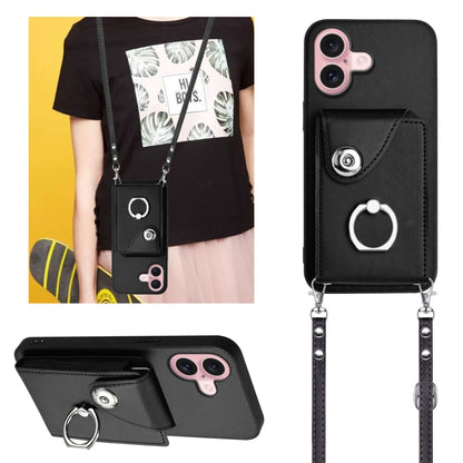 For iPhone 16 Organ Card Bag Ring Holder Phone Case with Long Lanyard(Black) - iPhone 16 Cases by buy2fix | Online Shopping UK | buy2fix