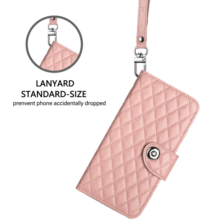 For iPhone 16 Rhombic Texture Flip Leather Phone Case with Lanyard(Coral Pink) - iPhone 16 Cases by buy2fix | Online Shopping UK | buy2fix