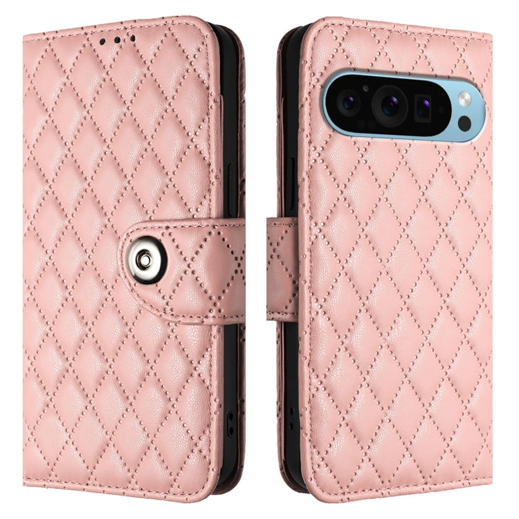 For Google Pixel 9 / Pixel 9 Pro Rhombic Texture Flip Leather Phone Case with Lanyard(Coral Pink) - Google Cases by buy2fix | Online Shopping UK | buy2fix