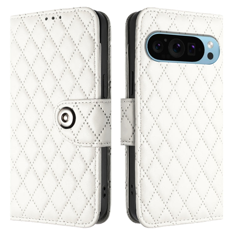 For Google Pixel 9 Pro XL Rhombic Texture Flip Leather Phone Case with Lanyard(White) - Google Cases by buy2fix | Online Shopping UK | buy2fix