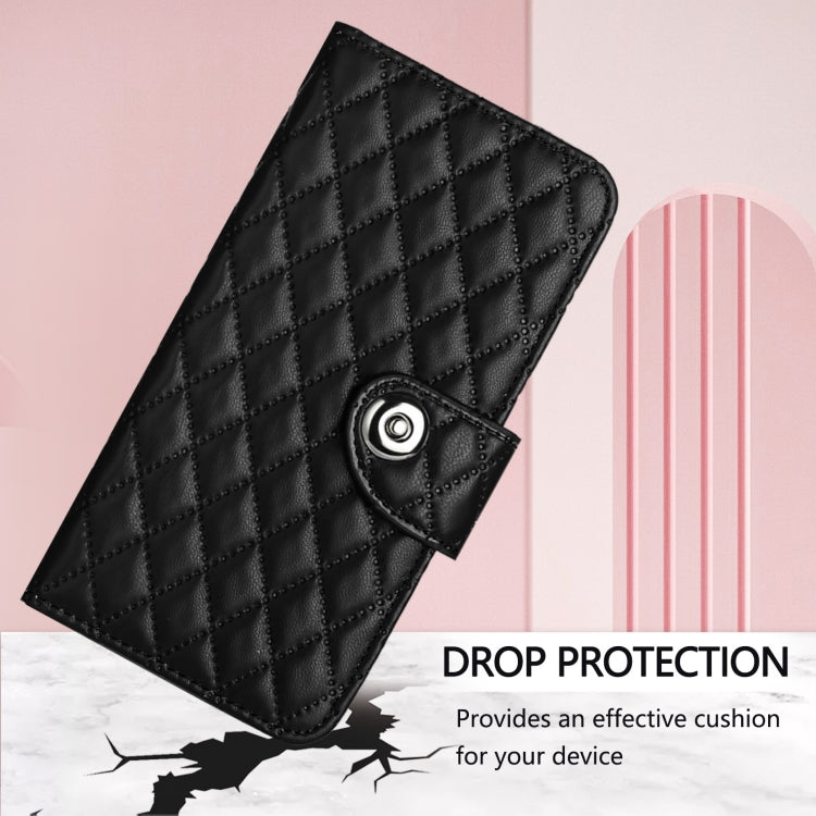 For OnePlus 11 Rhombic Texture Flip Leather Phone Case with Lanyard(Black) - OnePlus Cases by buy2fix | Online Shopping UK | buy2fix