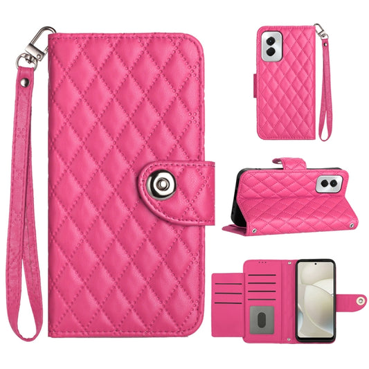 For Motorola Moto G Power 5G 2024 Rhombic Texture Flip Leather Phone Case with Lanyard(Rose Red) - Motorola Cases by buy2fix | Online Shopping UK | buy2fix