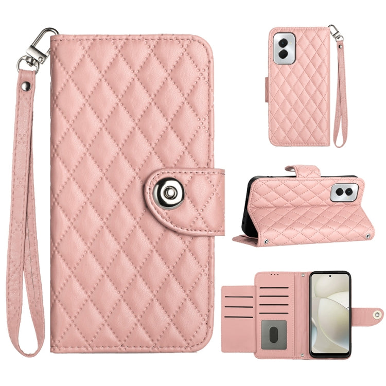 For Motorola Moto G Power 5G 2024 Rhombic Texture Flip Leather Phone Case with Lanyard(Coral Pink) - Motorola Cases by buy2fix | Online Shopping UK | buy2fix