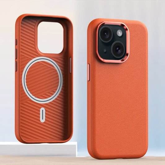 For iPhone 13 Metal Lens Frame Leather Magsafe Full Coverage Shockproof Phone Case(Orange) - iPhone 13 Cases by buy2fix | Online Shopping UK | buy2fix