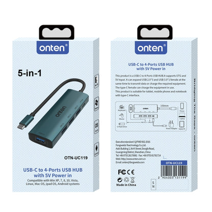 Onten UC119 5 in 1 USB-C / Type-C to USB 4-Ports USB HUB with 5V Input - USB HUB by Onten | Online Shopping UK | buy2fix